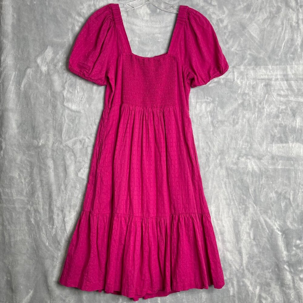 Draper James Puff Sleeve Midi Dress Womens S Pink Square Neck A Line Preppy - Picture 2 of 9